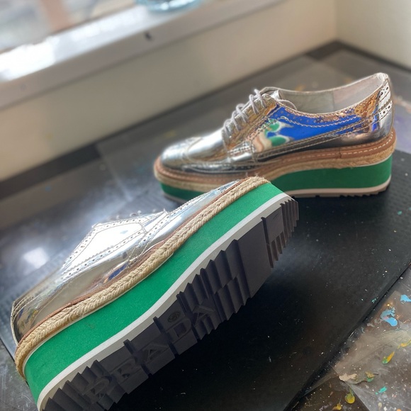 PRADA SS 2011 Silver Leather Brogues Derby Espadrille Creeper Sz 36/US 5.5-6 - Picture 3 of 10